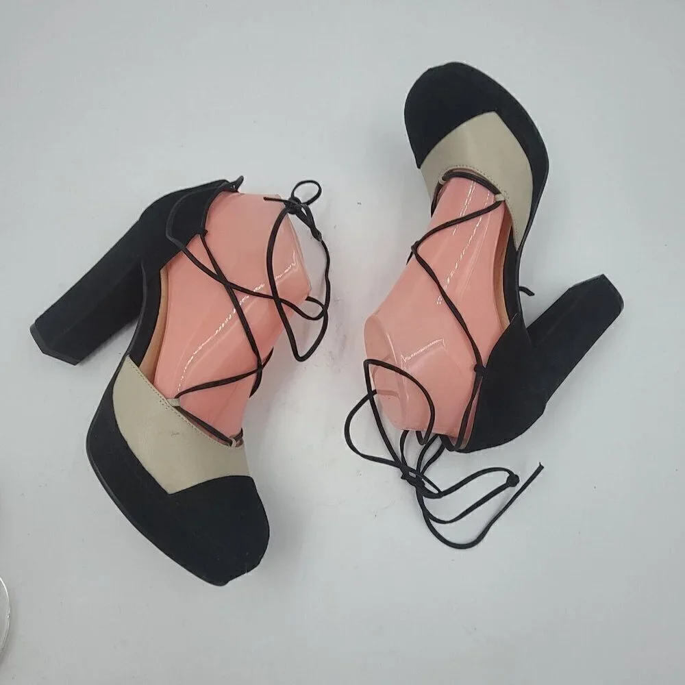 NEW Bettye Muller Madison Suede Platform Pump Natural & Black Women's Size 8M